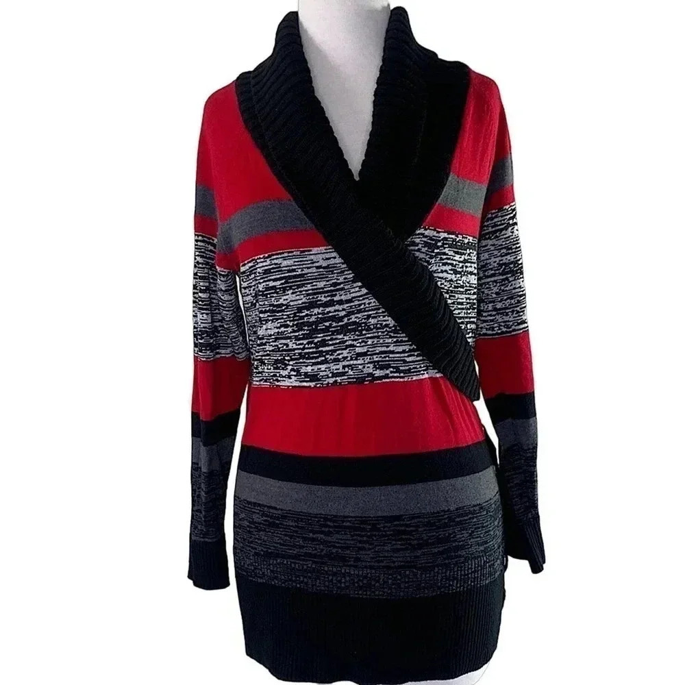 STYLE & CO Wrapped Knit Tunic Sweater Women Size M Striped Pullover Laced Up